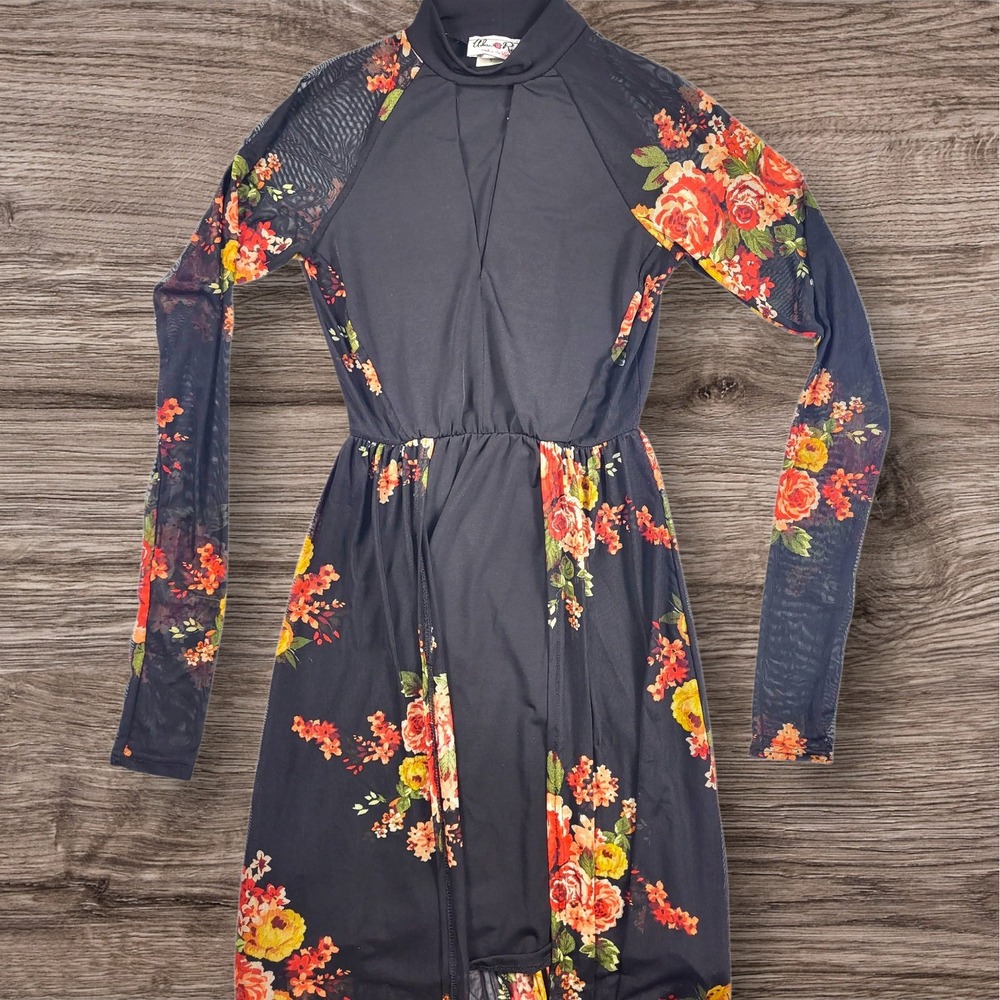 Urban Rose Maxi Dress Black Floral Print‎ Mock Neck Long Sleeve Sheer Size S